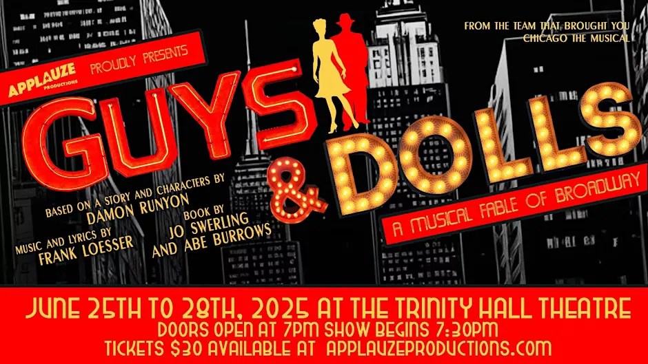 Title / banner image for Thunder Bay’s version of musical theatre show, Guys and Dolls. Gold and red lettering with a greyscale image of a New York City streetscape in the background.